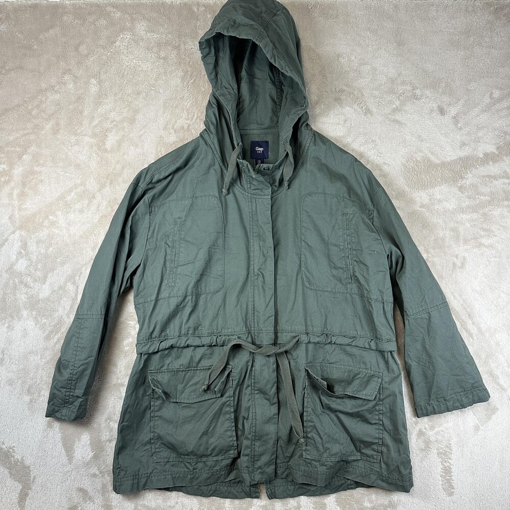 Gap Jacket Woman's Medium Green Hooded Utility Anorak Belted Cotton Lightweight